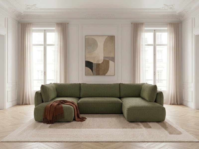  Bobochic canapé d'angle panoramique convertible esmee tissu chenille vert  angle gauche ESMEE - Conforama C