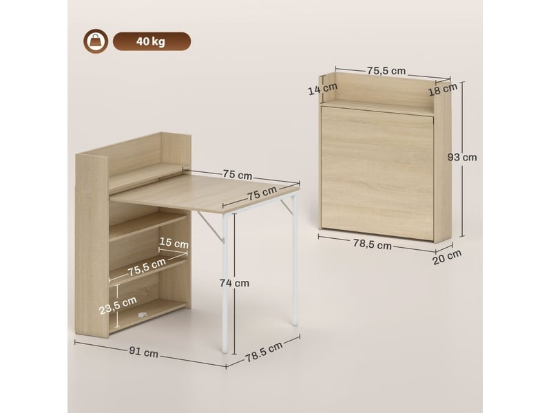  Table à manger pliante avec étagères, 91 x 78,5 x 93 cm, chêne clair  - Conforama C