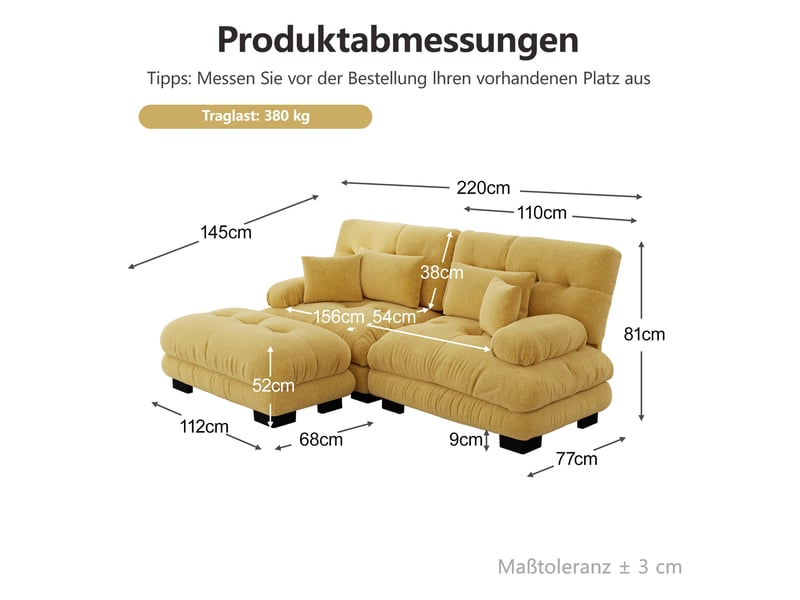  Canapé d'angle 2 places modenvie modulable en chenille jaune 220 x 145 cm avec ottomans mobiles  - Conforama C