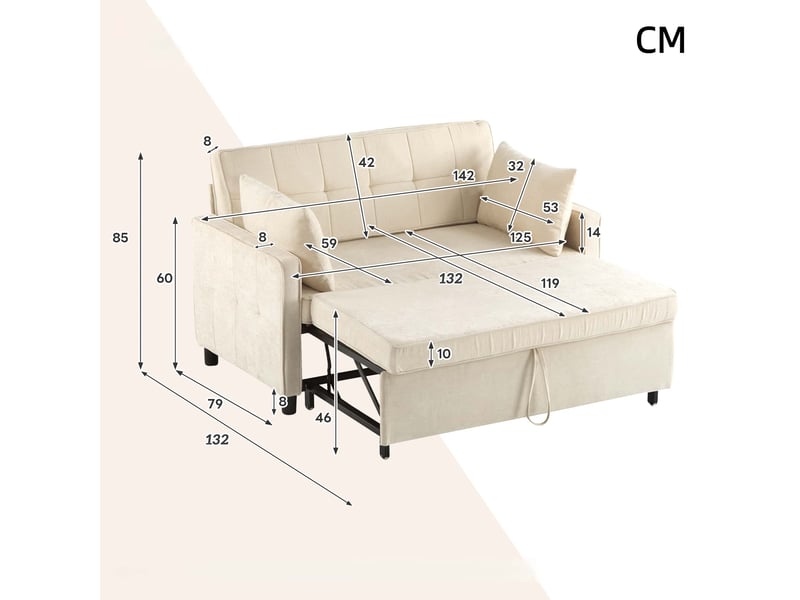  Canapé droit convertible 3 en 1, 85×142×75 cm, canapé-lit escamotable, dossier réglable, tissu en chenille, beige  - Conforama C