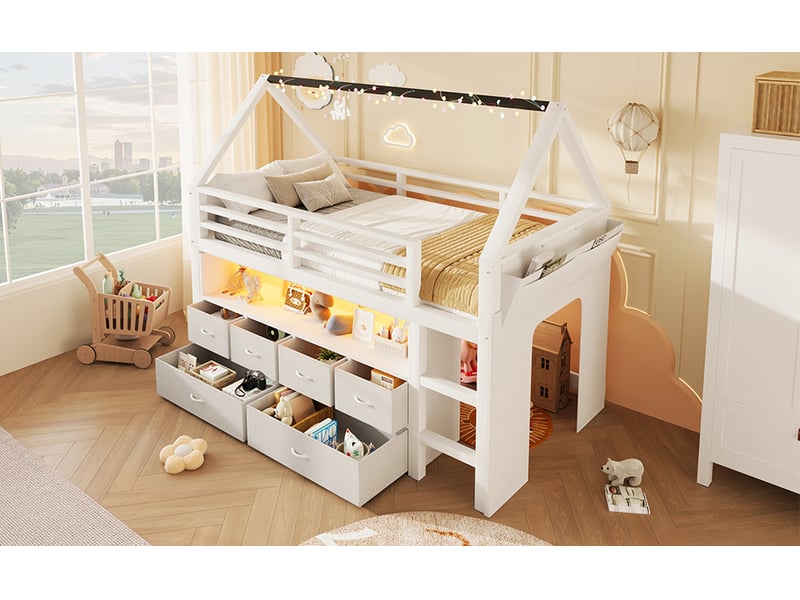 Lit surélevé cabane 90 x 200 cm, 6 tiroirs textiles, guirlande led, rideau et poche latérale, échelle, sommier à lattes inclus, pin et mdf, blanc Luxe haut de gamme - Conforama W