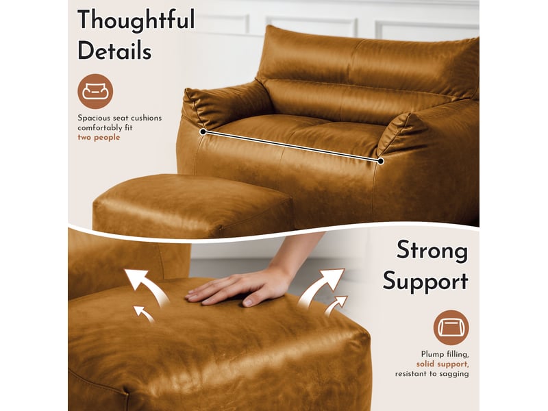  Fauteuil pouf grand format avec repose-pieds, soutien ergonomique et base antidérapante en tissu technique marron  - Conforama E
