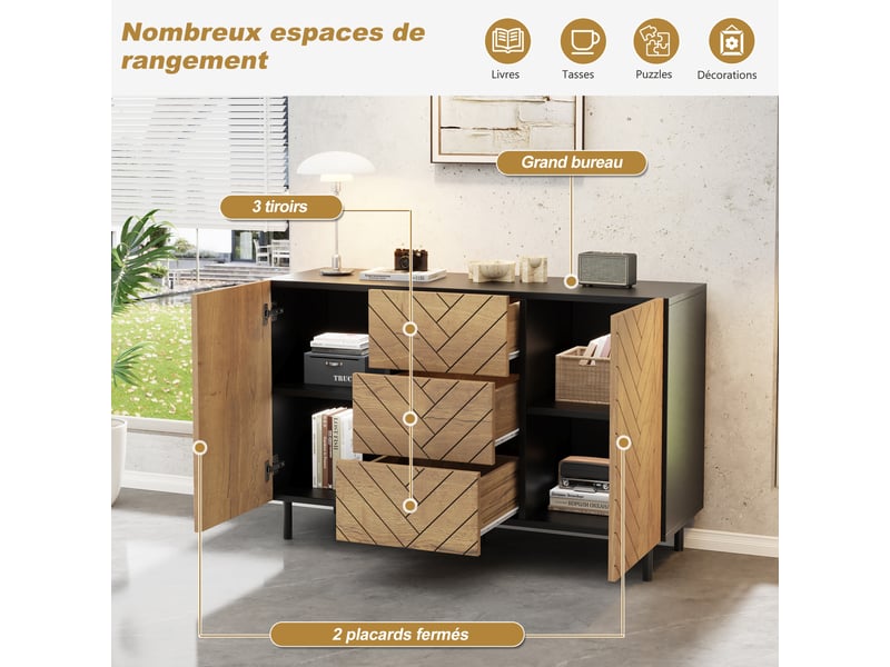  Buffet salon bois et noir, meuble de rangement 3 tiroirs 2 portes, 120x40x76 cm  - Conforama E
