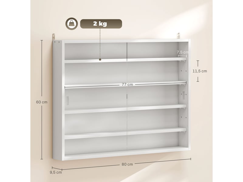 Vitrine murale pour objets de collection 4 étagère réglables en hauteur et 2 portes coulissantes 80 x 9,5 x 60 cm blanc  - Conforama E