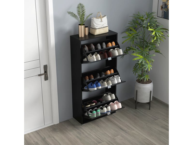  Meuble à chaussures armoire à chaussures 3 portes abattantes 3 compartiments en bois 60l x 26i x 124h cm noir  - Conforama C