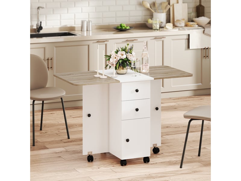  Table de cuisine pliable table à manger pliante 2 plateaux rabattables avec 2 tiroirs 1 placard blanc et chêne  - Conforama D