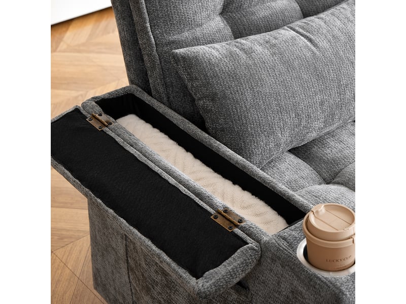  Canapé convertible 3 en 1 142 cm gris en chenille avec rangement et porte-gobelets  - Conforama E
