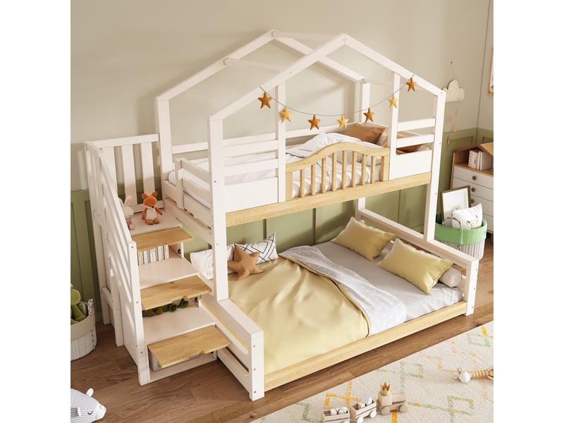  Lit superposé en forme de maison, lit supérieur 90 × 200 cm, lit inférieur 140 × 200 cm ; équipé d’un escalier de rangement et d’étagères, adapté aux familles nombreuses, blanche  - Conforama C