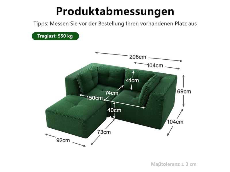  Canapé d’angle modulable 2 places velours côtelé vert – 208 x 177 x 69 cm Fay Lum - Conforama C