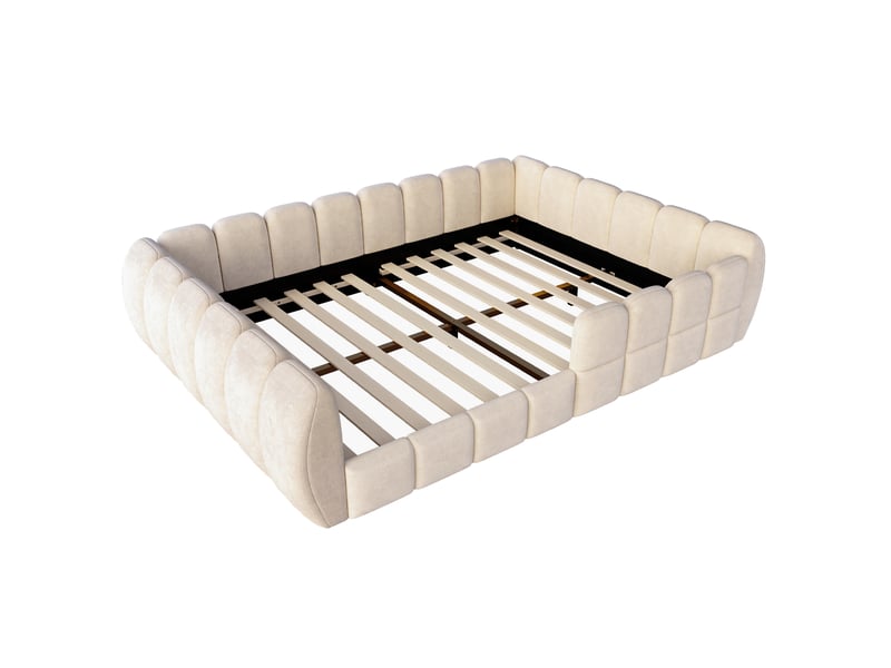  Lit enfant 140x200 cm au sol avec tête de lit rembourréee lit double bas aux formes arrondies en tissu rembourré beige  - Conforama C