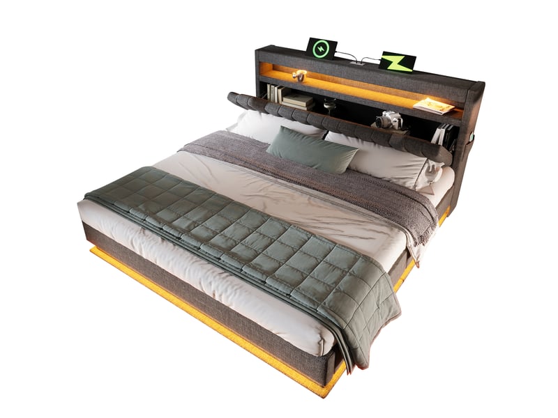  Lit coffre 140 × 200 cm 2 places avec led, usb et type-c, rangement hydraulique, matelas inclus, gris en lin  - Conforama A