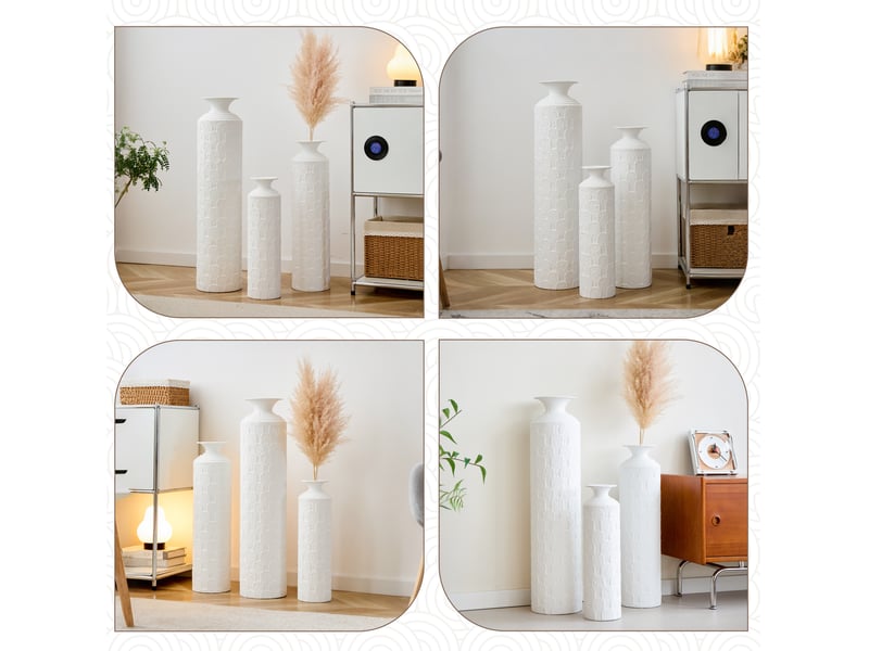 Lot de 3 vases de sol en métal 506585 cm – blanc mat – texture relief, décoration semi-artisanale  - Conforama B