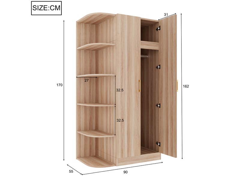  Armoire 90x55x170 cm à deux portes, mdf,  bois naturel, étagères à plusieurs niveaux, grande penderie  - Conforama C