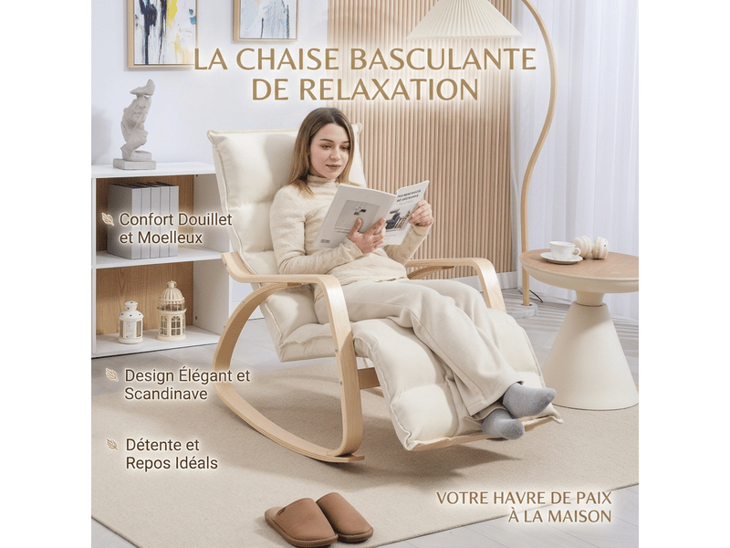 Fauteuil à bascule blanc crème effet lin avec repose-pieds, fauteuil relax confort pour salon et chambre - Conforama B