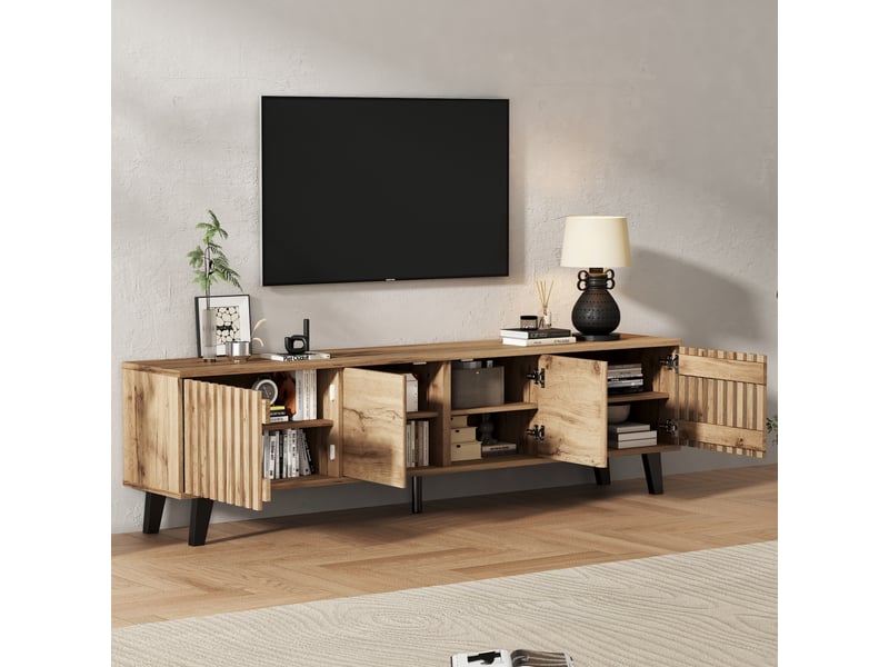  Ensemble meuble tv et buffet bois naturel 180 cm pour écran 70 pouces avec portes ajourées  - Conforama C