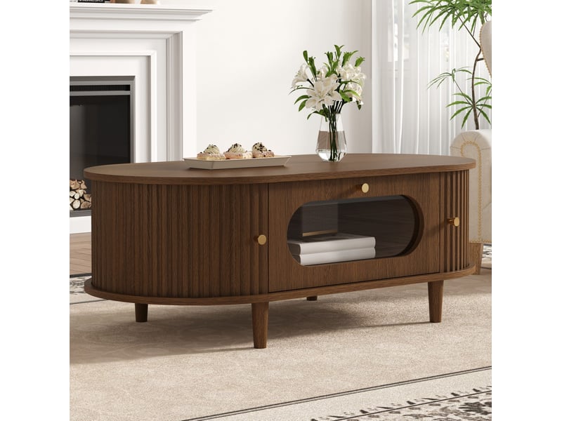  Table basse avec 1 tiroir et 2 portes coulissantes, rangement, pour salon, en mdf, couleur noyer 100 × 50 × 36 cm  - Conforama E