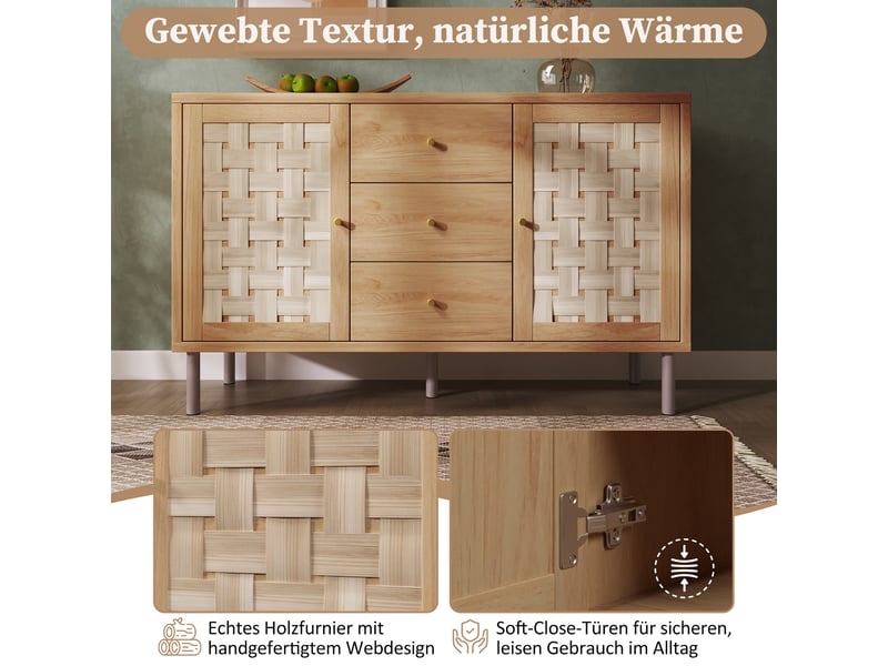  Buffet style campagne couleur chêne, commode de rangement 120x40x75 cm (sans matelas).  - Conforama E
