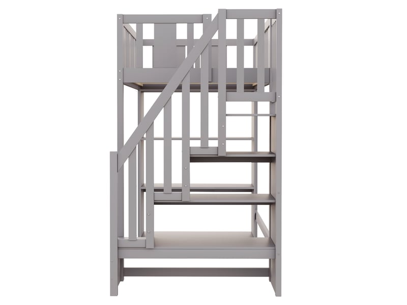  Lit mezzanine enfant 200×90 cm avec 3 compartiments de rangement, échelle et garde-corps, sans matelas, gris  - Conforama E
