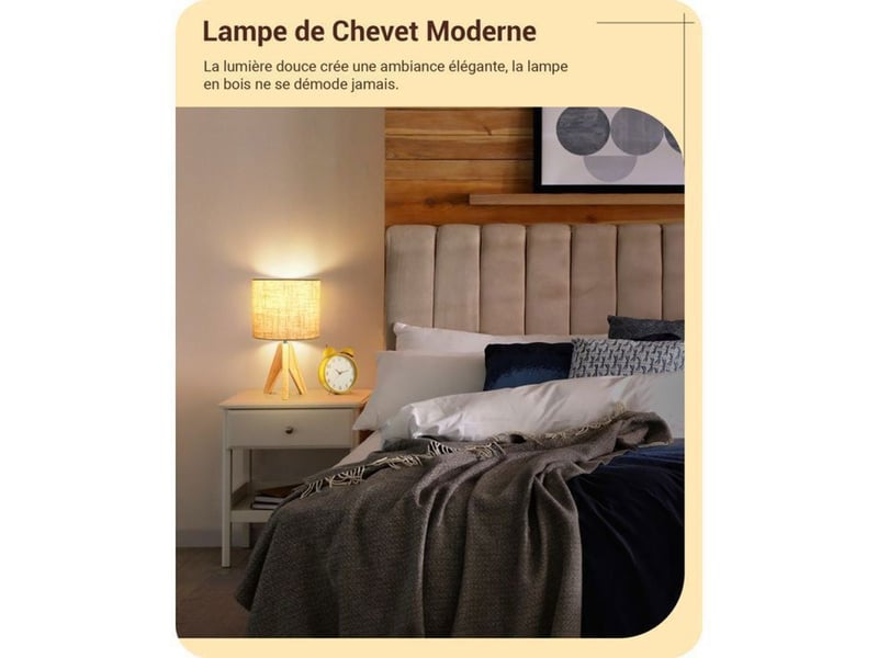  Lampe de table lin beige trépied bois massif e27 4w 2700k 370618_AAAYP05897_6_DROPFR - Conforama E