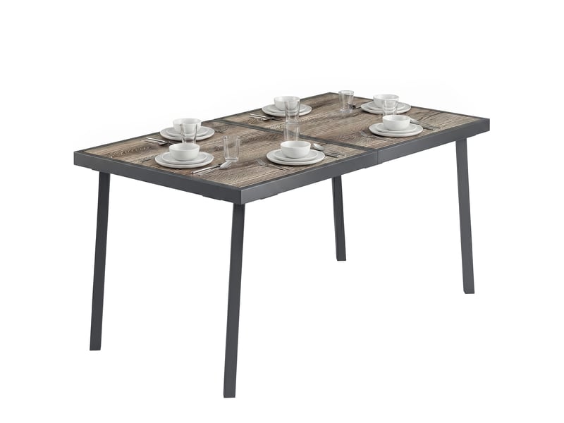  Table d'extérieur pour 6 personnes, aspect bois, structure en métal, résistante aux intempéries, 145 x 85 x 72 cm, grise  - Conforama A