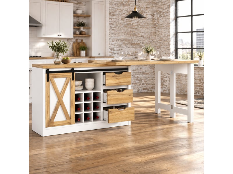  Îlot de cuisine extensible 120-197x40x72 cm blanc décor chêne avec 3 tiroirs  - Conforama B