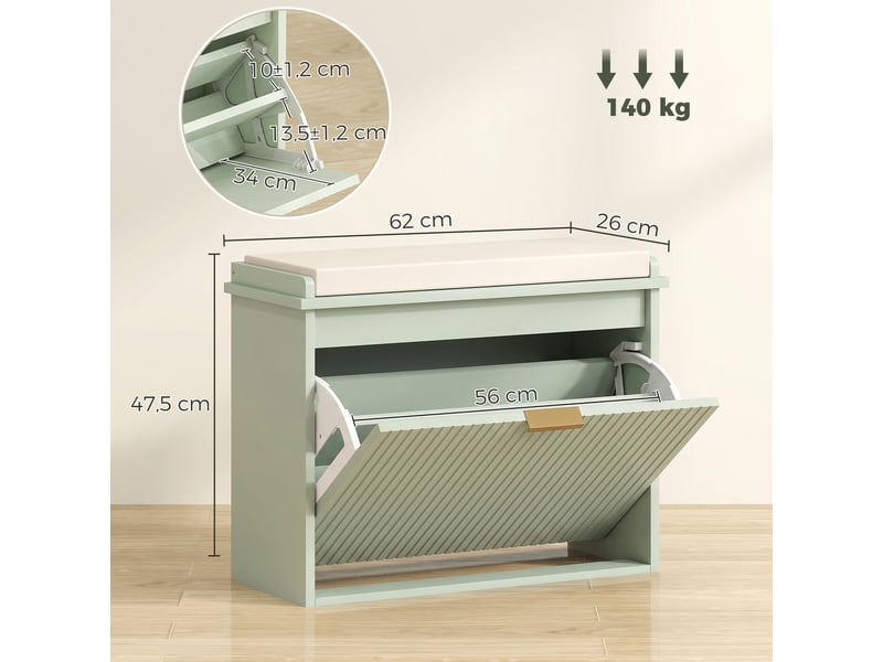  Banc à chaussures avec coussin d'assise rembourré et tiroir rabattable pour couloir, chambre, 62 x 26 x 47,5 cm, vert  - Conforama E