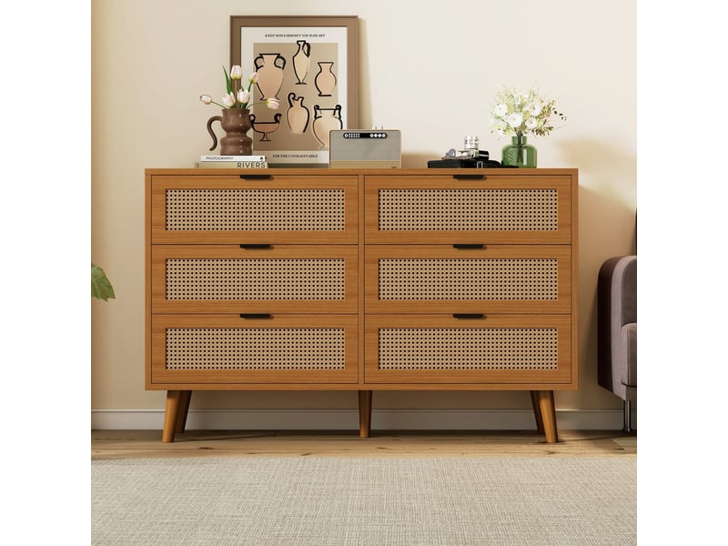  Commode à 6 tiroirs, 120 × 76,5 × 40 cm, avec poignées en métal, meuble de rangement pour chambre, couleur noyer  - Conforama D