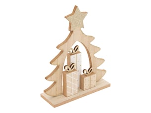 Décoration de noël en bois motif sapin et cadeaux h. 21 cm
