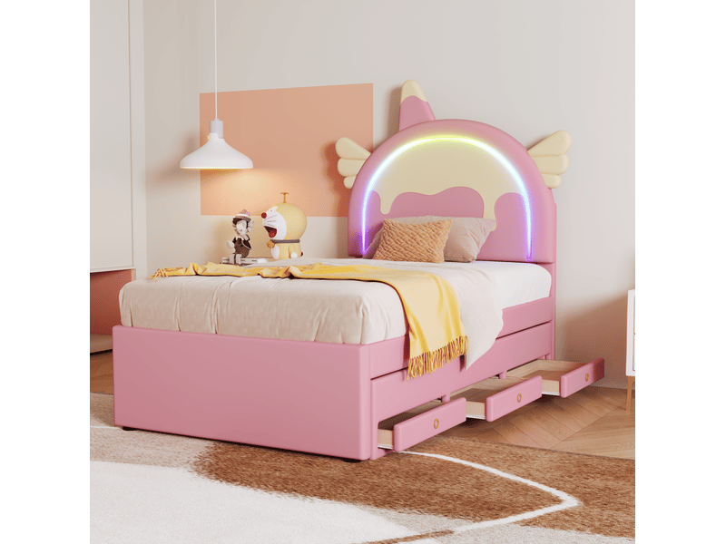  Lit enfant 90 x 200 cm rose avec lit gigogne et tiroirs, tête de lit licorne  - Conforama D