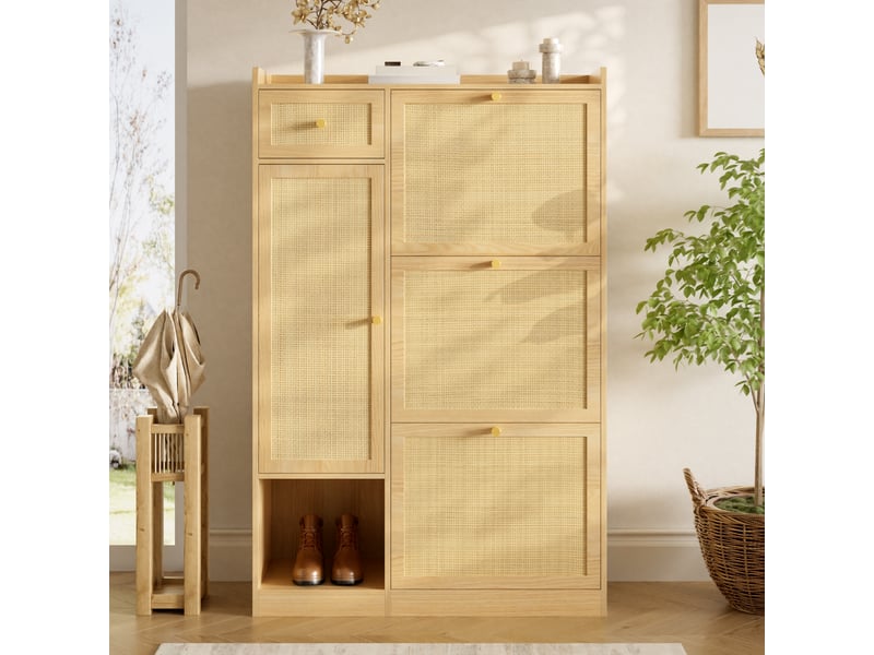 Meuble à chaussures en rotin 3 abattants 1 tiroir, armoire de rangement étroite 25cm pour entrée, naturel  - Conforama C
