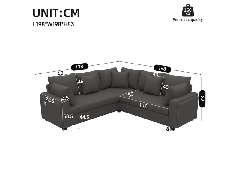 Canapé d'angle tcqpz en l 198 x 198 cm 5 places avec led et ports usb usb-c velours côtelé gris - Conforama C