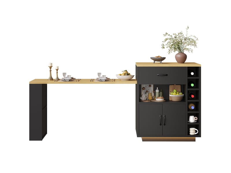  Desserte de cuisine avec 2 tiroirs, étagère ouverte, casier à vin et table extensible en mdf noir, 80 × 70 × 95,5 cm  - Conforama A