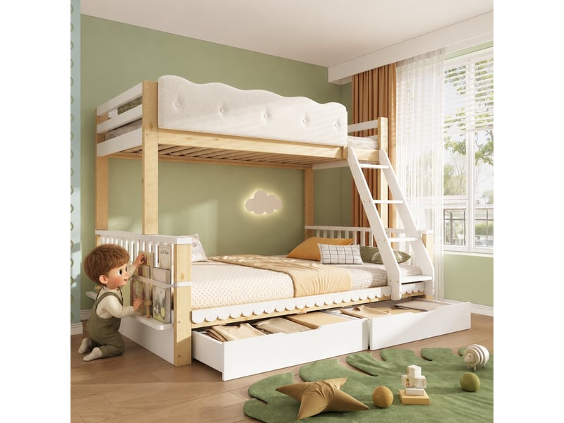  Lit superposé enfant 90x200140x200 cm bois blanc et chêne avec tiroirs rangement evarich - Conforama E