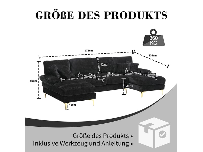  Canapé panoramique modenvie en u 4 places 272 x 136 cm chenille noir  - Conforama C