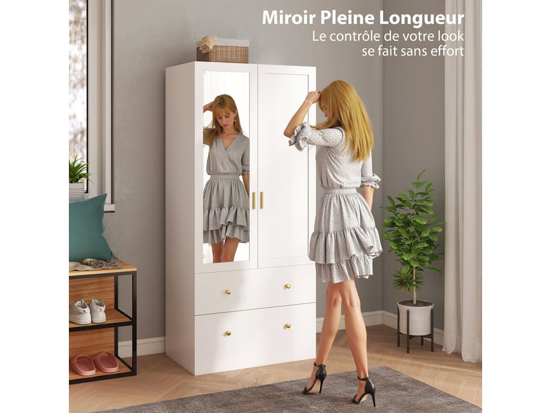  Armoire chambre penderie avec miroir, 2 portes, 2 tiroirs et barre de suspension, 80 x 50 x 180 cm, blanc  - Conforama R