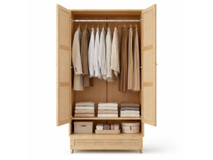 Armoire 2 portes avec penderie et coffre bas rabattable pour chambre ou salon, coloris naturel, 90 × 45 × 183 cm