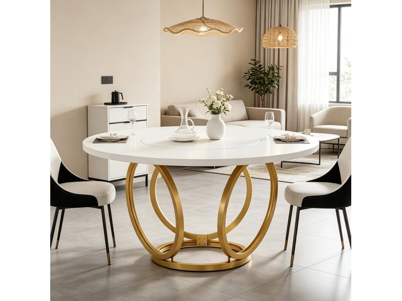  Table à manger ronde 120 cm blanche et dorée en mdf et acier, 4 à 6 personnes  - Conforama D