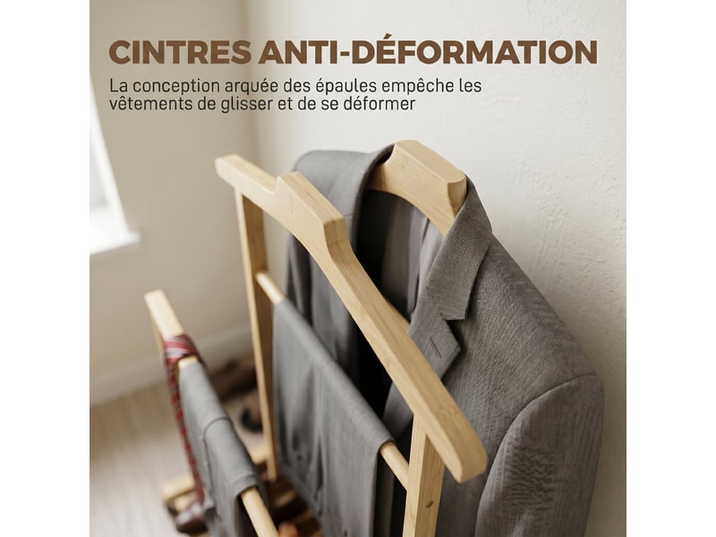  Valet de chambre à roulettes, portant à vêtements en bambou, cintres, barres de suspension, chêne, plateau et étagère  - Conforama W