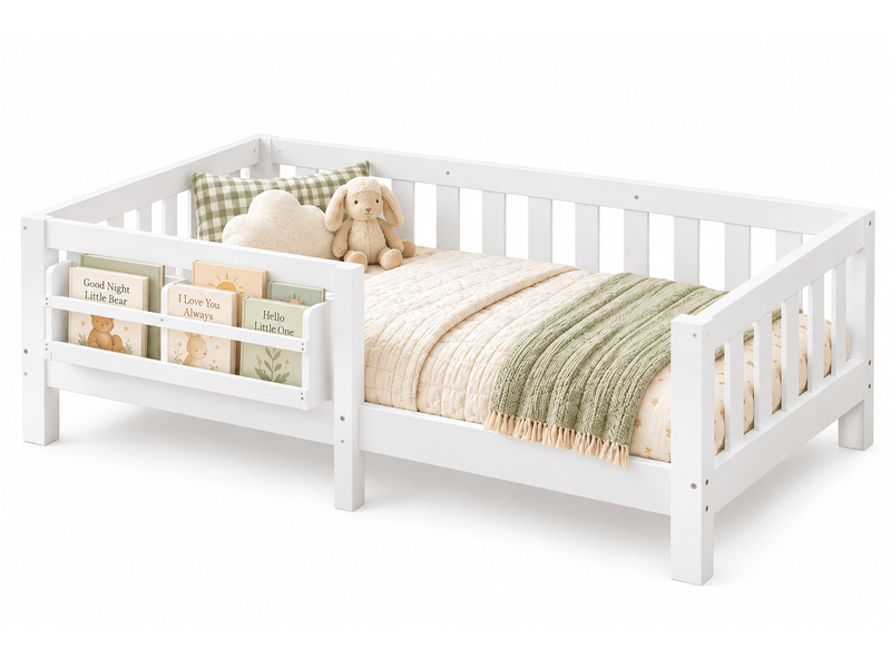  Lit enfant 90x200 cm, lit simple, bibliothèque latérale, barrières de protection, sommier à lattes, bois et mdf, blanc CozyNest - Conforama A