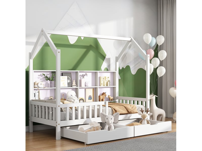  Lit cabane enfant 90x200 cm avec 2 tiroirs et rangements en bois blanc sans matelas  - Conforama B