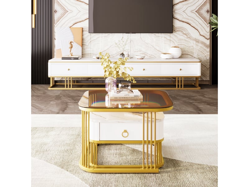  Tables basses gigognes carrées avec 1 tiroir, plateau effet marbre et verre, mdf, blanc, 60×60×42.5 cm  - Conforama C
