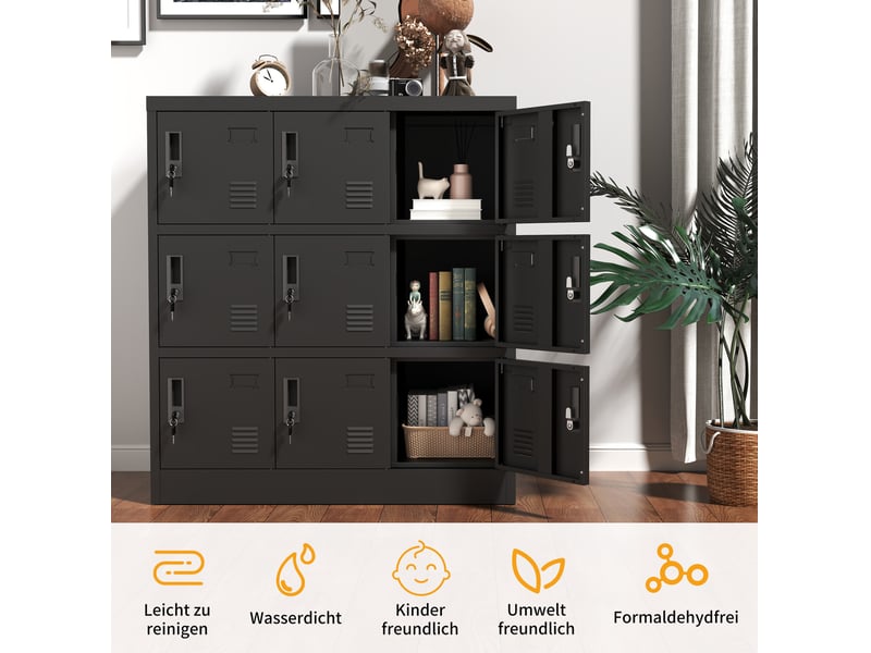  Armoire métallique 9 portes 100x90x40 cm – noir – serrures individuelles, casiers ventilés pour bureau  - Conforama E