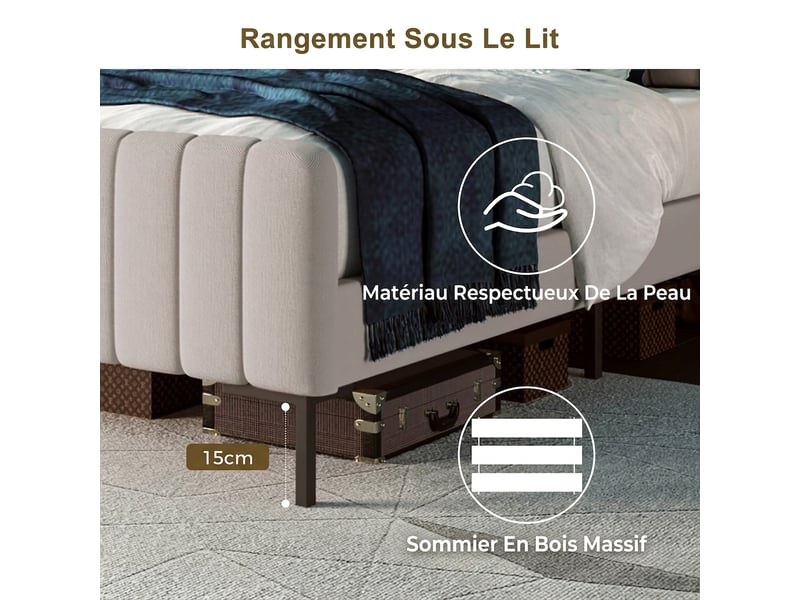  Lit double 140x200 gris beige capitonné avec sommier à lattes et tête de lit réglable, sans matelas  - Conforama E