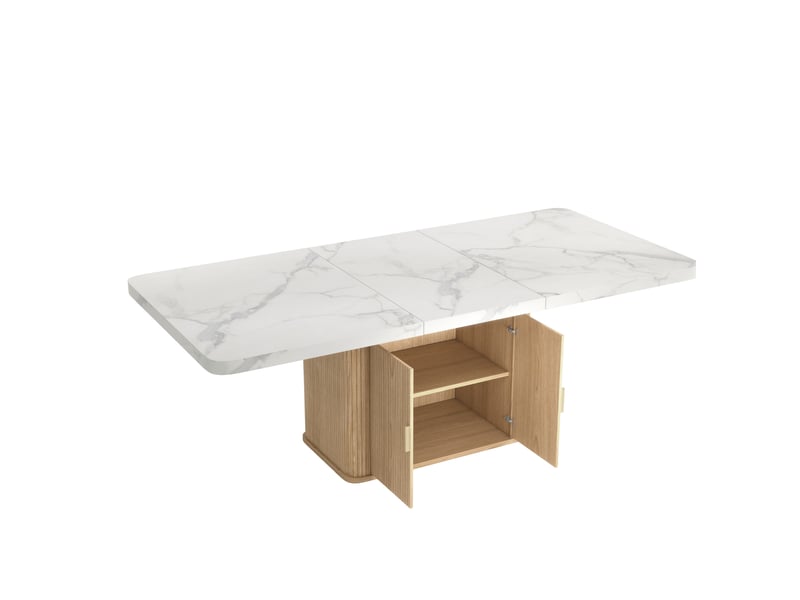  Table à manger extensible 150x90 à 200x90 cm avec rangement, mdf blanc marbré  - Conforama D