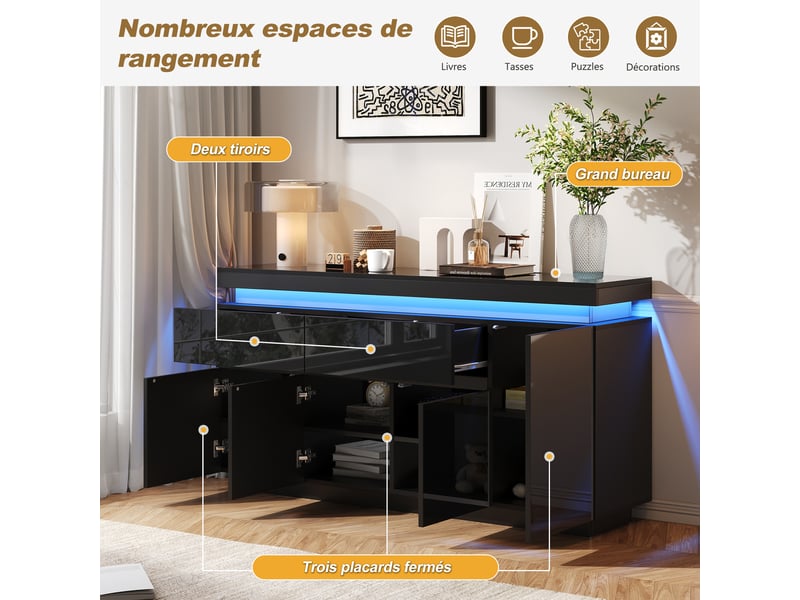  Buffet avec 4 portes, 2 tiroirs et led pour salon 140×35×72,5 cm en panneaux de particules noir  - Conforama D