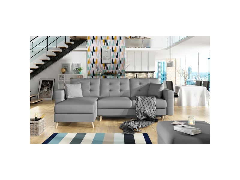  Canapé d'angle convertible hasgard 3 places gris 248x162 cm – coffre et pieds bois  - Conforama B