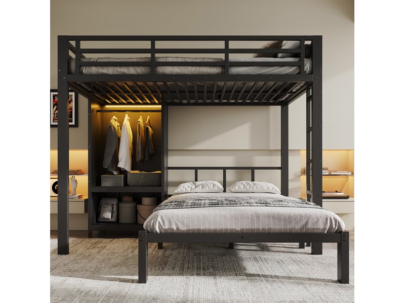  Lit superposé modenvie 2 couchages 120 x 200 cm avec armoire intégrée led métal noir  - Conforama B
