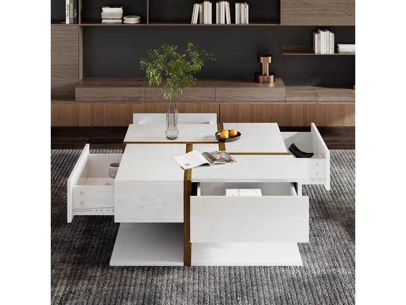 Table basse carrée 78x78x35cm laquée haute brillance avec 4 tiroirs | étagère inférieure bicolore | charge 50kg - blanc et naturel  - Conforama B