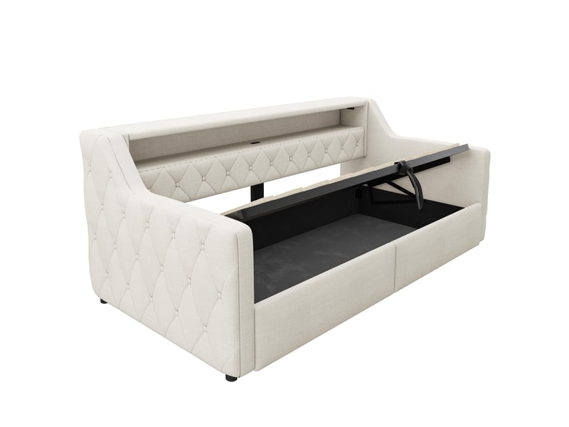  Lit banquette 90x200 cm en tissu beige avec led, rangement hydraulique et usb  - Conforama R