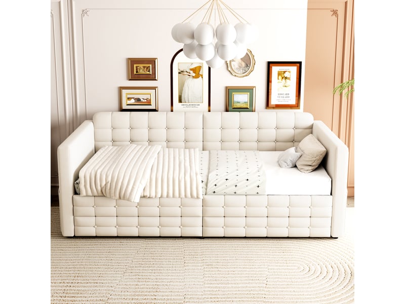  Canapé-lit 90x190 cm, lit enfant, couchage d'appoint, 2 tiroirs, velours beige  - Conforama D